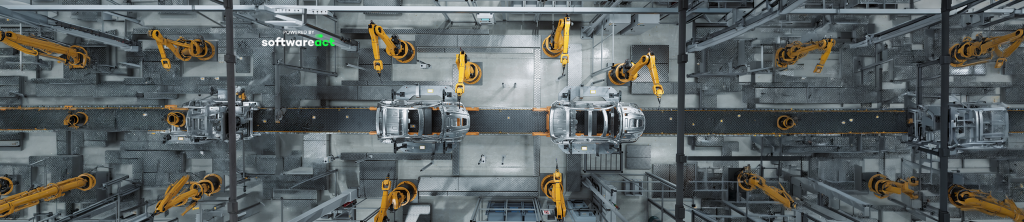 Top view of an automated automotive production line with industrial robots assembling vehicles, representing smart manufacturing, robotics, and Industry 4.0.