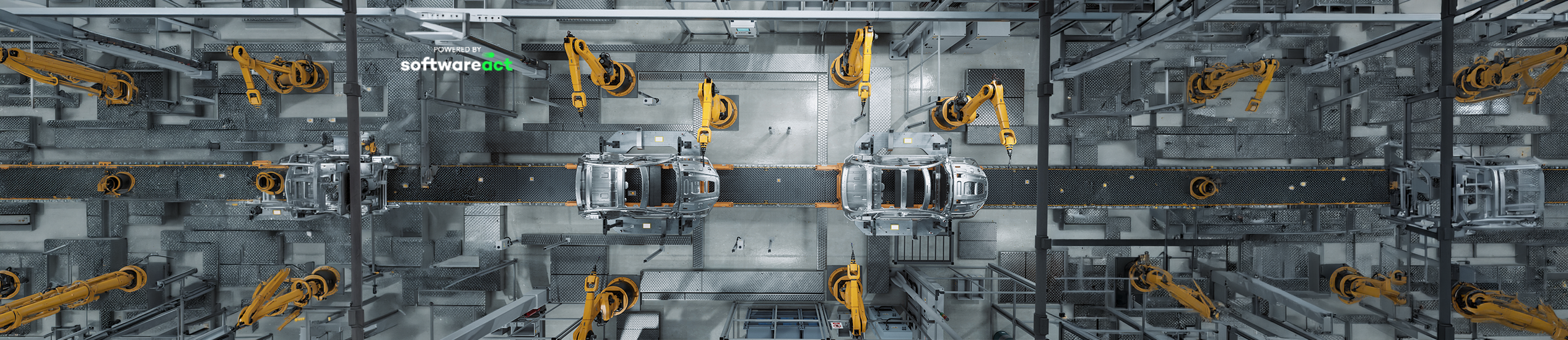 Top view of an automated automotive production line with industrial robots assembling vehicles, representing smart manufacturing, robotics, and Industry 4.0.