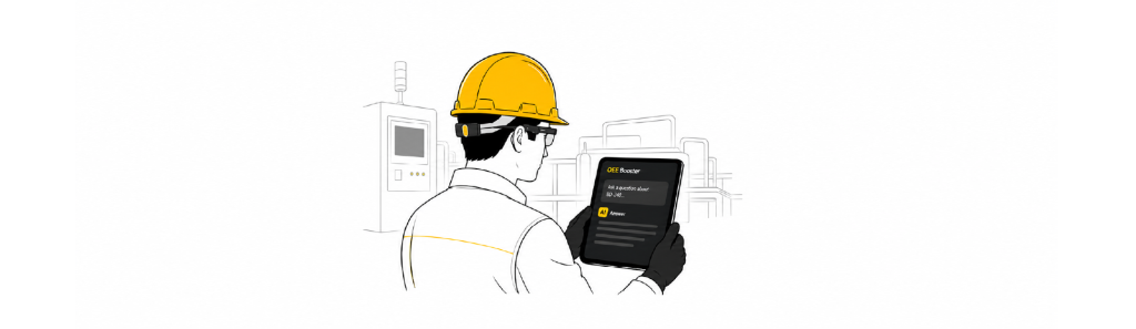 Person hold tablet with OEE Booster, which reduce downtimes and money