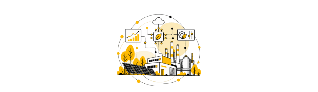 Illustration of a sustainable industrial factory with solar panels, trees, and icons representing energy efficiency, green technology, and production optimization.